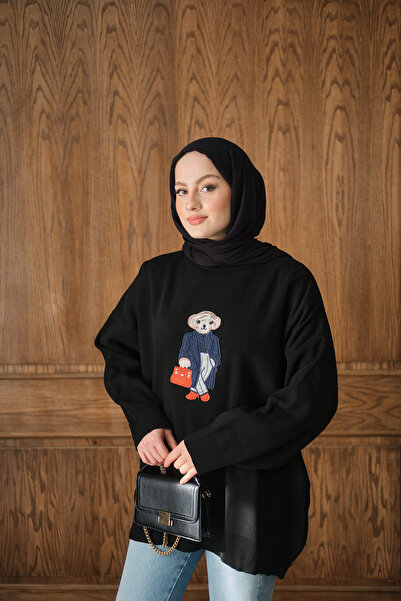 LOCCO Γυναικείο Σετ Πλεκτό Κέντημα Αρκουδάκι Μαύρο