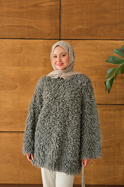 LOCCO Pulover de damă cu detalii din blană gri