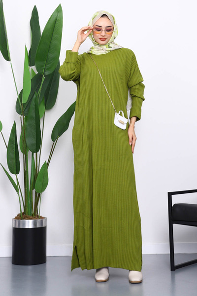 İmajButik Green Crew Neck Side Slit Knitwear Dress