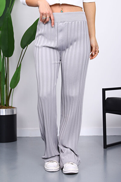 İmajButik Gray High Waist Corded Fabric Wide Leg Knitwear Trousers