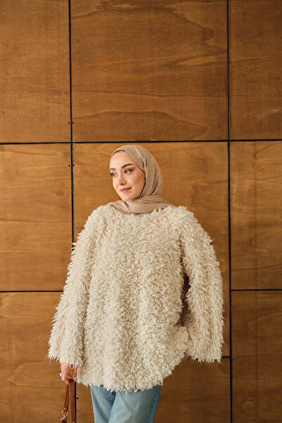 LOCCO Pulover de damă cu detalii din blană crem