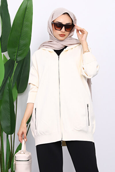 İmajButik Cream Double Pocket Zippered Knitwear Cardigan