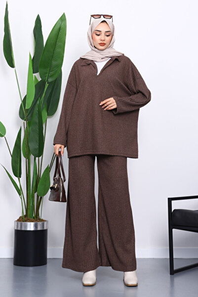 İmajButik Brown Ribbed Knit Tunic Trouser Suit