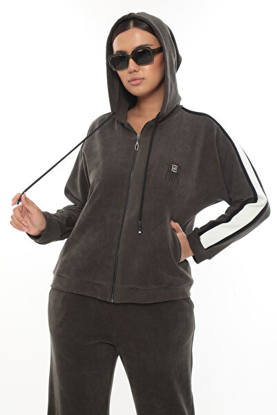 EXİTLİNE Women's Winter Special Embroidered Zippered Hooded Stone Khaki Velvet Tracksuit Set