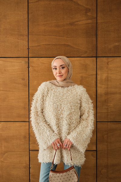 LOCCO Pulover de damă cu detalii din blană crem