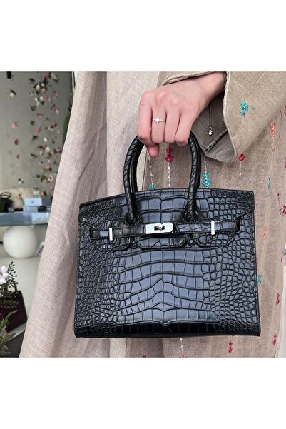 None شنطة نسائية وسط كروك كامل مقاس 25 سم قفل فضي لون اسود