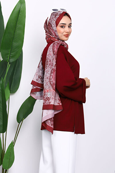 İmajButik Burgundy Tunic with Slit Waist Drawstrings on the Sides
