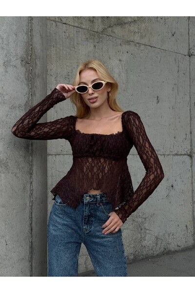 cemo Ecru Peplum Hem Ruffled Guipure Blouse Long Sleeve Tie Detail Square Neck Stylish Blouse