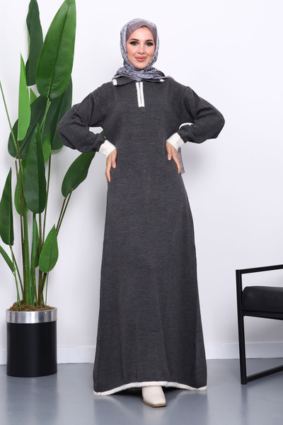 İmajButik Smoked Shirt Collar Zippered Knitwear Dress
