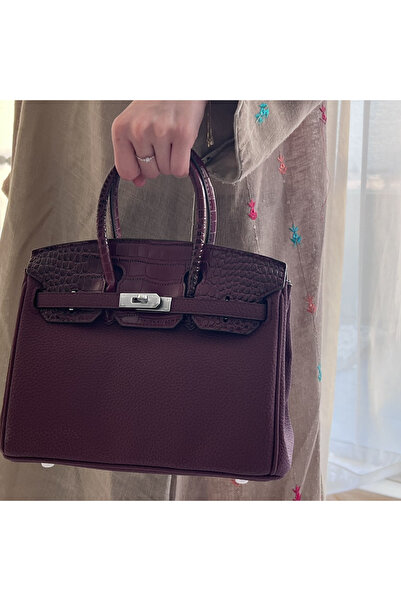 None شنطة نسائية مقاس 25 سم قفل فضي لون عنابي كروك