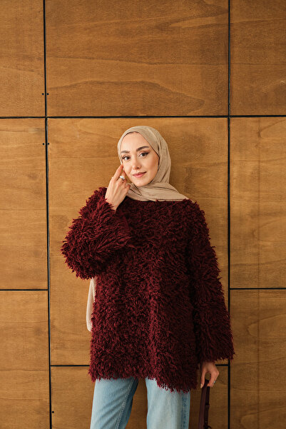 LOCCO Pulover de damă cu detalii din blană Burgundy