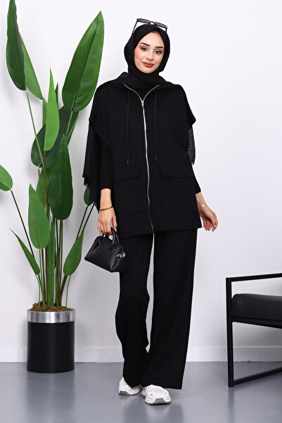 İmajButik Black Zippered Double Pocket Modal Vest Trouser Suit