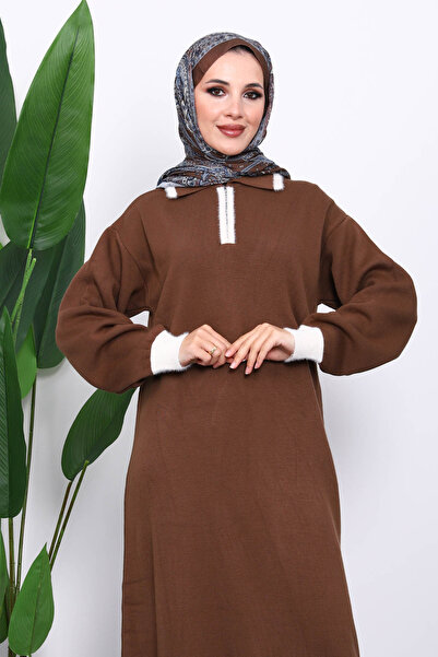İmajButik Brown Shirt Collar Zippered Knitwear Dress