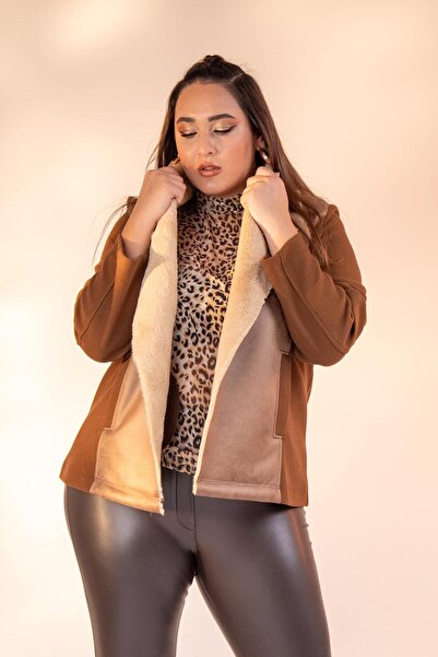 Roxxlen 12224154 Γυναικείο παλτό με γούνινο γιακά σε μεγάλο μέγεθος Camel