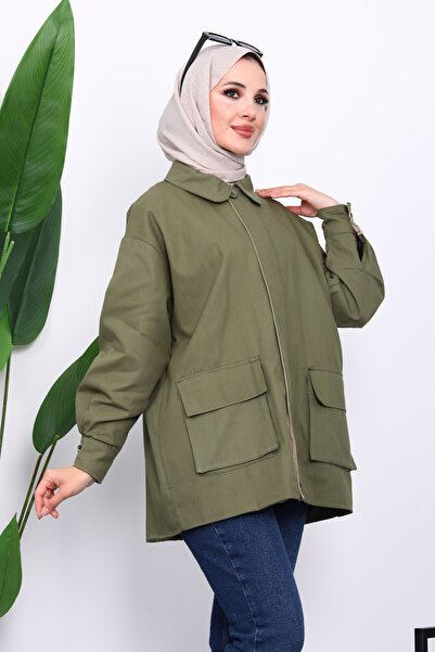 İmajButik Μπουφάν Gabardine με φερμουάρ και λεπτομέρεια τσέπης χακί