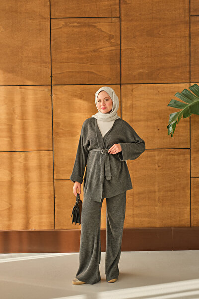 LOCCO Γυναικείο κοστούμι κιμονό με δέσιμο στη μέση σε γκρι χρώμα