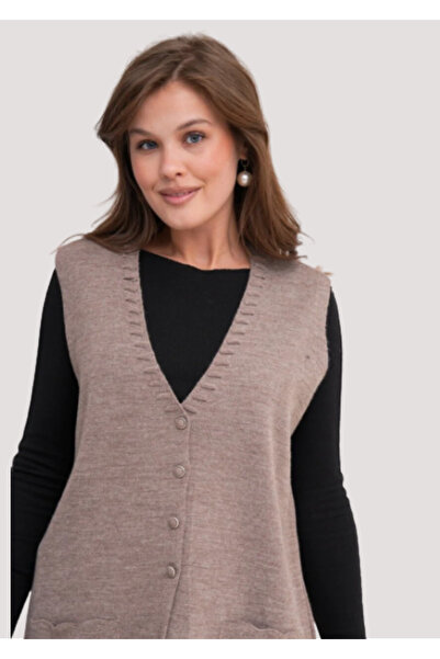 Stilmony Women's Mother Plus Size Knitwear Plain Model V-Neck Vest
