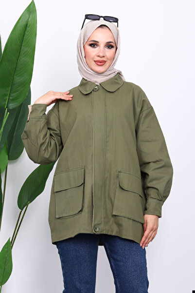 İmajButik Khaki Pocket Detailed Zippered Gabardine Jacket