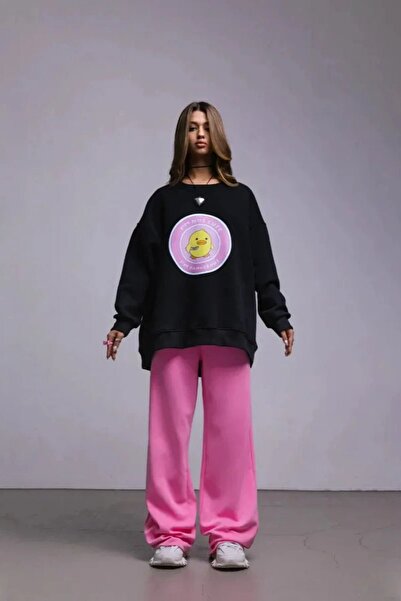 The Champ Clothing Γυναικείο φούτερ oversized Cute Duck με τύπωμα Μαύρο – Crew Neck, 3 Thread Ş επένδυση fleece Fleece
