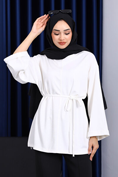 İmajButik Ecru Tunic with Slits on the Sides and Drawstring Waist