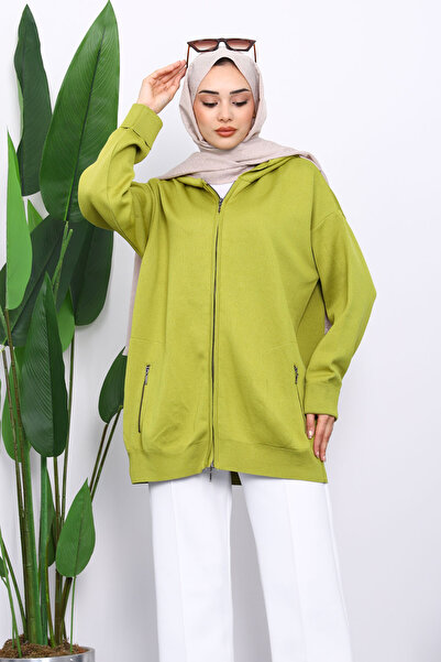 İmajButik Oil Green Double Pocket Zippered Knitwear Cardigan