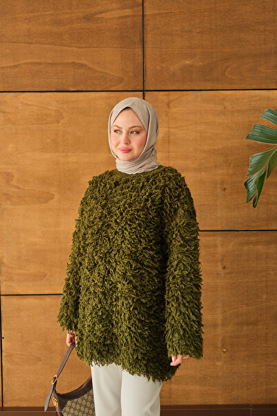 LOCCO Pulover de damă cu detalii din blană verde kaki