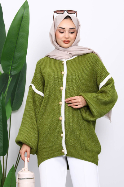 İmajButik Green Balloon Sleeve Buttoned Knitwear Cardigan