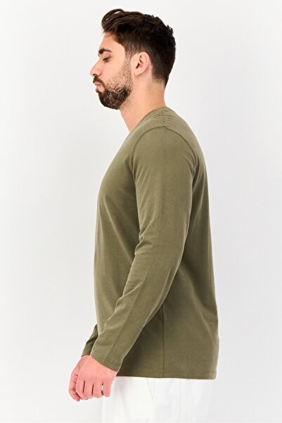 CELIO Men Crew Neck Long Sleeve Plain T-Shirt, Olive