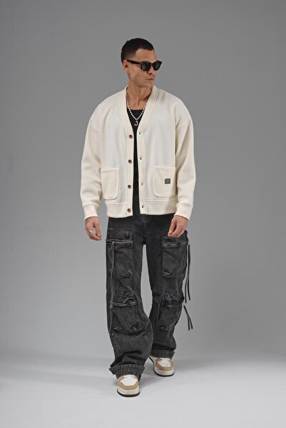 king brich Oversized Pattern Men's Cardigan with Logo Detail