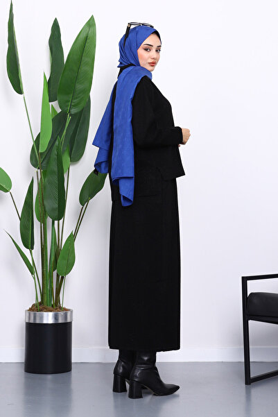 İmajButik Μαύρο πουκάμισο με γιακά πλεκτό κοστούμι με φούστα