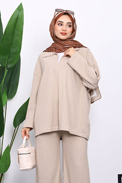 İmajButik Mink Ribbed Knit Tunic Trouser Set