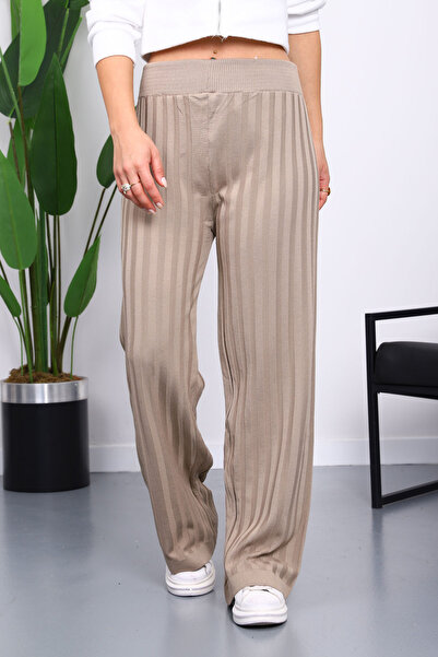 İmajButik Mink High Waist Corded Fabric Wide Leg Knitwear Trousers