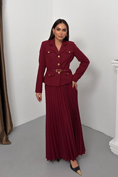 spirituel Women's Two-Piece Top and Bottom Set Belted Pocket Button Detail Blazer Jacket Pleated Long Skirt Set