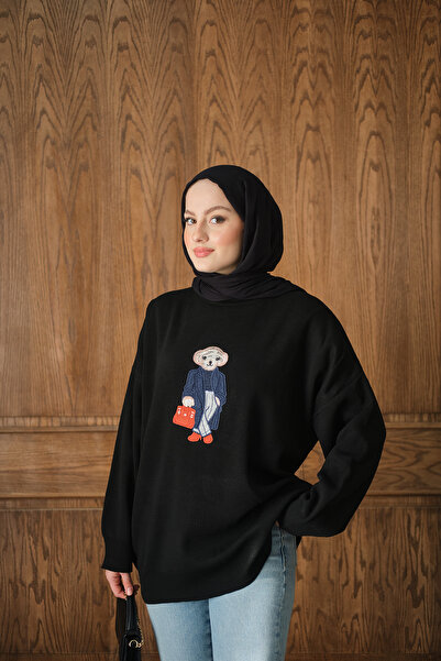 LOCCO Γυναικείο Σετ Πλεκτό Κέντημα Αρκουδάκι Μαύρο