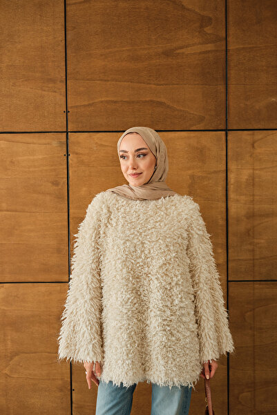 LOCCO Pulover de damă cu detalii din blană crem