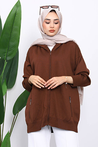 İmajButik Καφέ Πλεκτή Ζακέτα με Διπλή Τσέπη με Φερμουάρ