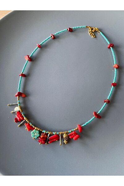 dela otantik Red Coral and Turquoise Beaded Bohemian Necklace – Handmade Ethnic Authentic Charm Design Bijouterie Jewelry