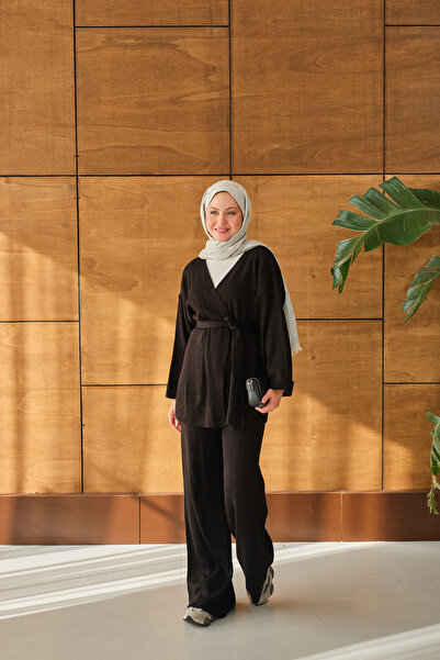 LOCCO Women's Waist-Tie Kimono Set Black