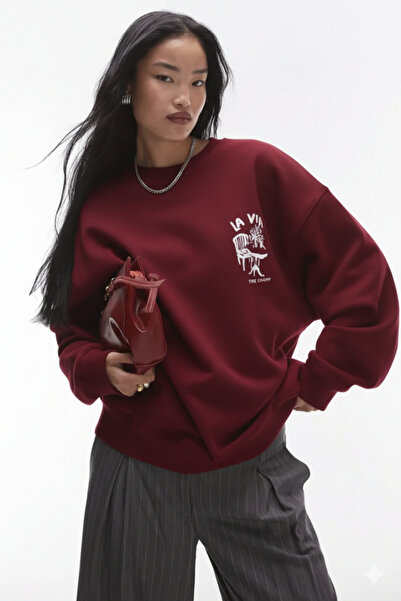 The Champ Clothing Φούτερ Unisex με λαιμόκοψη μπορντό Dolce Casa με τύπωμα 3 Thread Ş επένδυση fleece Oversize