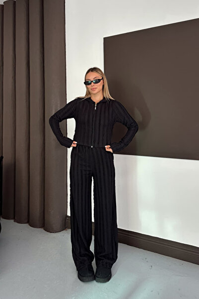 Siner Fashion Women's Black Reverse Stitch Detailed Hooded Cardigan Wide Leg Pants Set