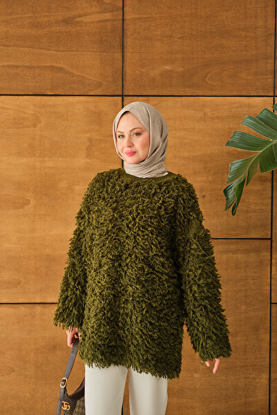 LOCCO Pulover de damă cu detalii din blană verde kaki