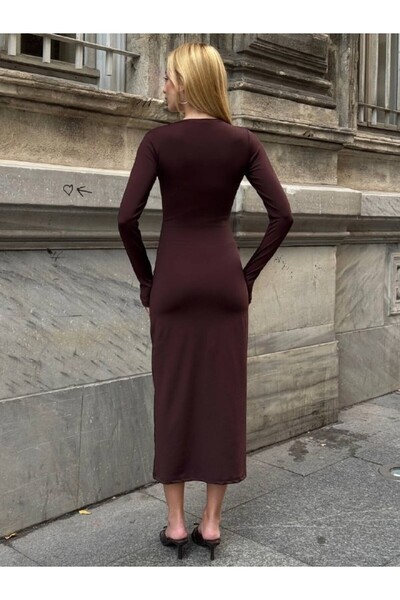 cemo Evening Dress Long Sleeve Fit Mold Dress Round Neck Stretch Fabric Fabric Midi Length