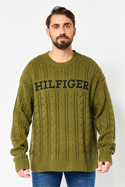 Tommy Hilfiger Men Crew Neck Brand Logo Sweater, Olive
