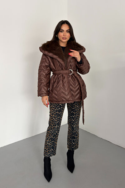 spirituel Women's Puffer Coat Wide Collar Belted Collar Fur Quilted Coat