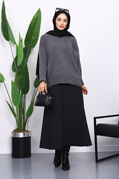 İmajButik Anthracite Crew Neck Soft Textured Oversized Knitwear Sweater