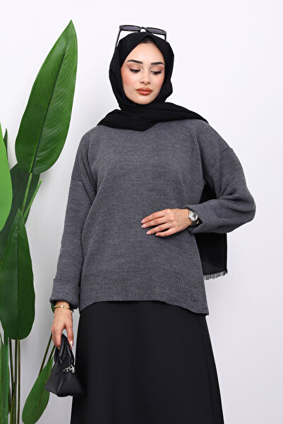 İmajButik Anthracite Crew Neck Soft Textured Oversized Knitwear Sweater