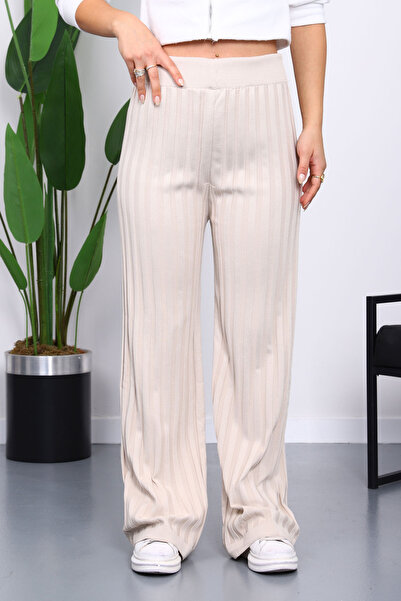 İmajButik Stone High Waist Corded Fabric Wide Leg Knitwear Trousers