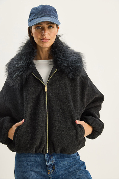 Bianco Lucci Women's Portable Fur Collar Zippered Cashmere Bomber Jacket 38185 60283786