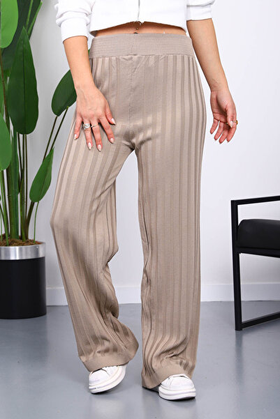 İmajButik Mink High Waist Corded Fabric Wide Leg Knitwear Trousers
