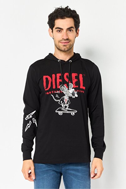 Diesel Men Drawstring Brand Logo Long Sleeve Hoodie, Black